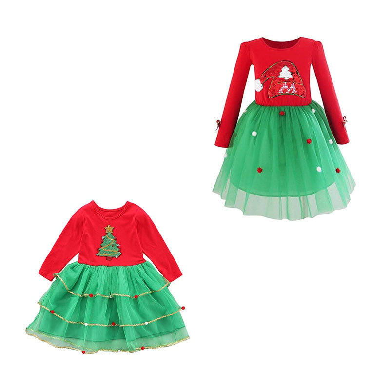 New Baby Girl Clothes Dress For Girls Autumn Christmas Tree Print Holiday Children Clothing Party Tulle Kids Costume New Year