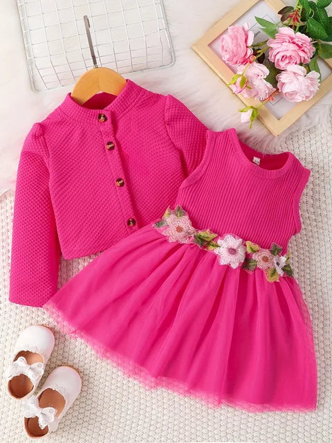 Baby girl waist flower design vest spliced mesh dress jacket for infants and young children