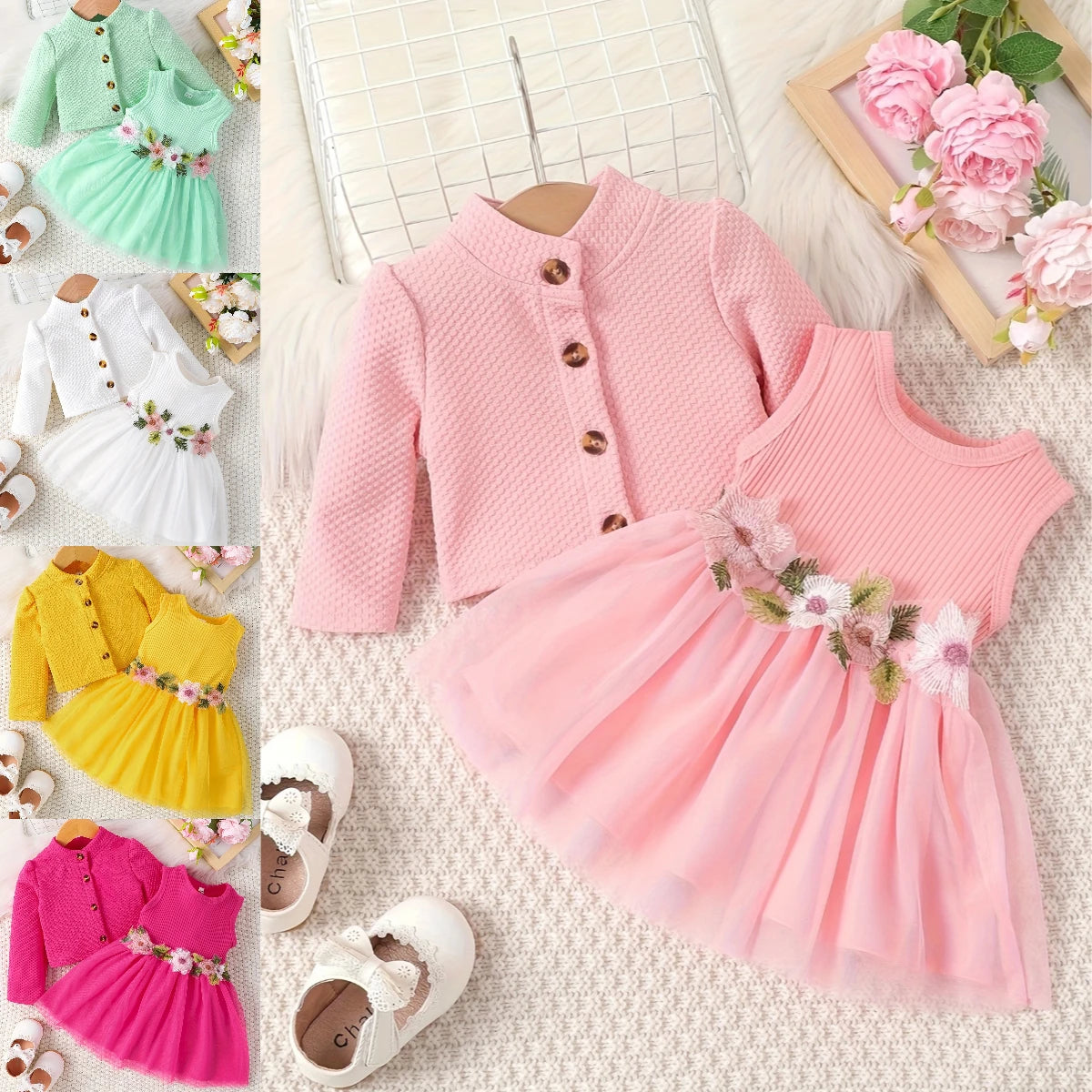 Baby girl waist flower design vest spliced mesh dress jacket for infants and young children