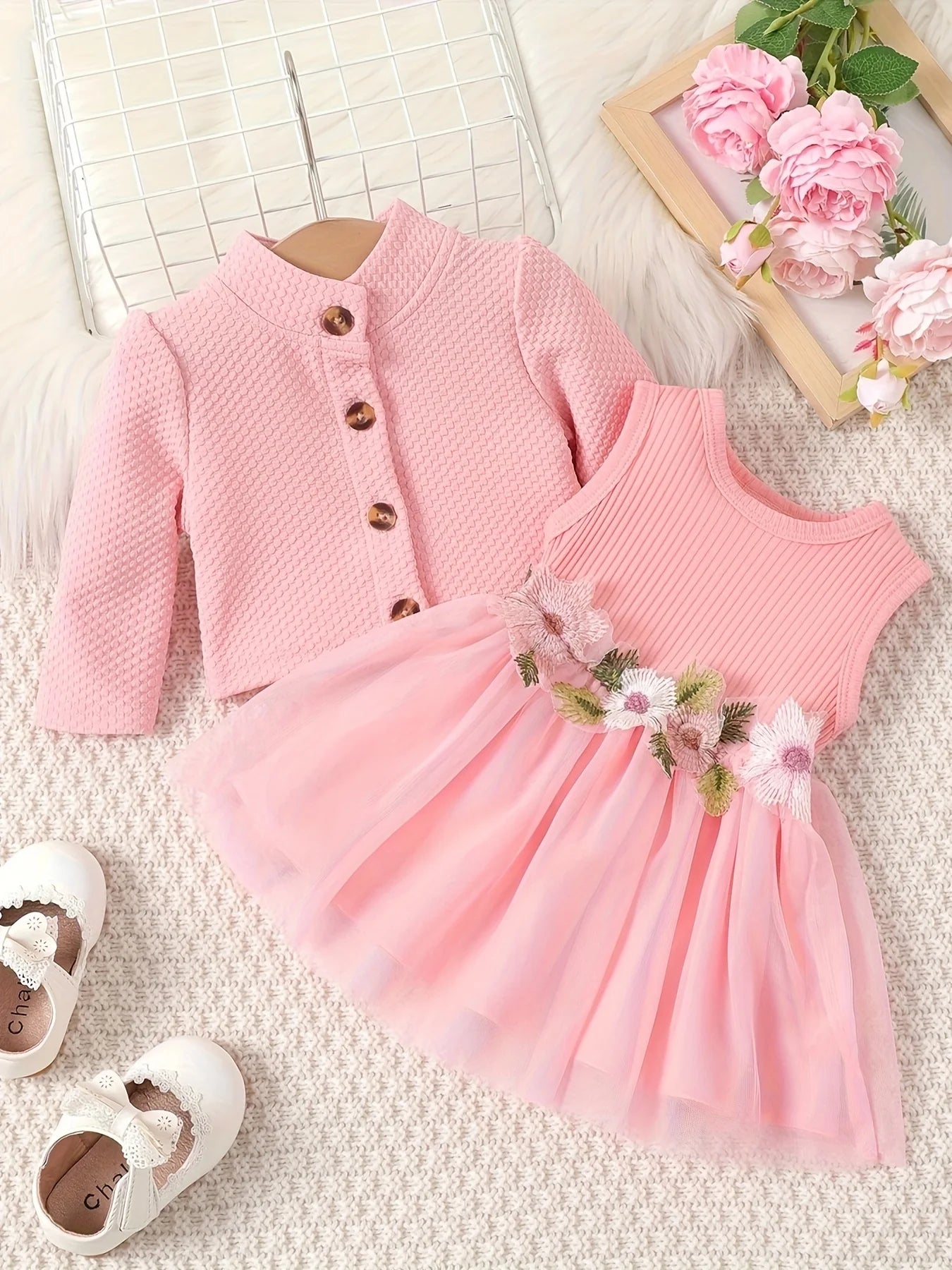 Baby girl waist flower design vest spliced mesh dress jacket for infants and young children
