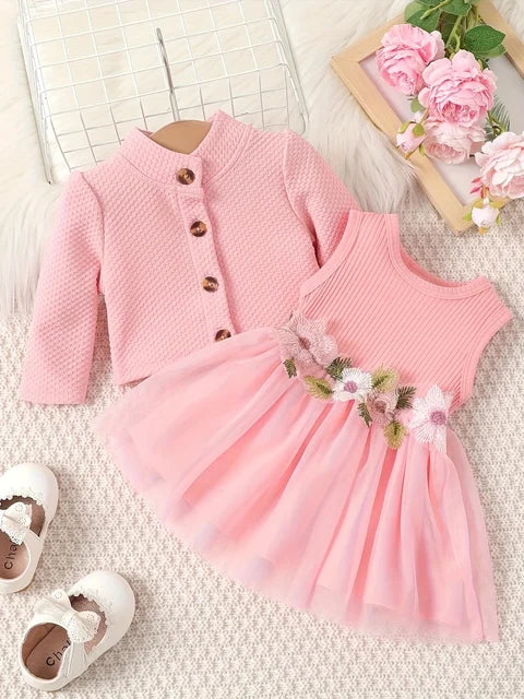 Baby girl waist flower design vest spliced mesh dress jacket for infants and young children