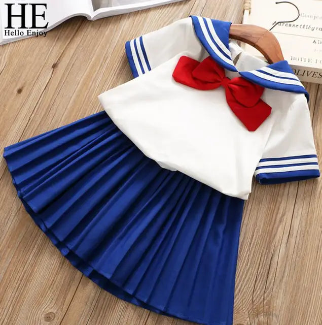 HE Hello Enjoy Baby Girl Boutique Set Preppy Style Sailor Moon Bow Tops+Blue Pleated Skirt Suit Kids Girls Clothes Children