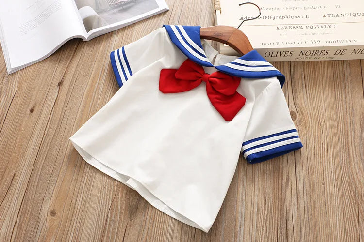 HE Hello Enjoy Baby Girl Boutique Set Preppy Style Sailor Moon Bow Tops+Blue Pleated Skirt Suit Kids Girls Clothes Children