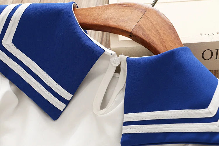 HE Hello Enjoy Baby Girl Boutique Set Preppy Style Sailor Moon Bow Tops+Blue Pleated Skirt Suit Kids Girls Clothes Children