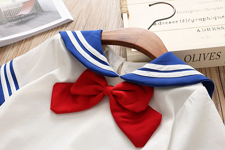 HE Hello Enjoy Baby Girl Boutique Set Preppy Style Sailor Moon Bow Tops+Blue Pleated Skirt Suit Kids Girls Clothes Children