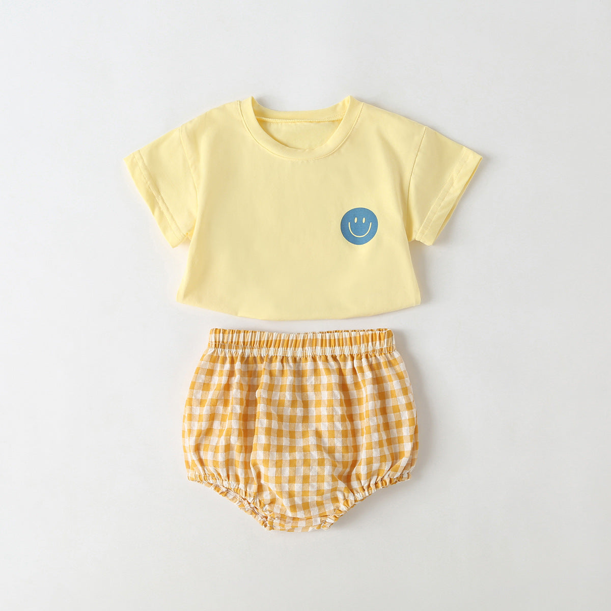 Summer Baby Kids Smiling Face Pattern T-shirt and Plaid Bloomers Clothing Set