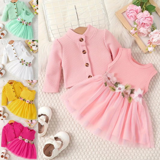 Baby girl waist flower design vest spliced mesh dress jacket for infants and young children