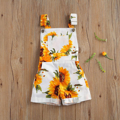 Toddler Baby Girl Sunflower Print Overalls Shorts with Pocket Suspender Trousers Cute Summer Clothing Outfit