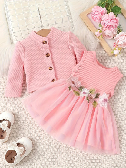 Baby girl waist flower design vest spliced mesh dress jacket for infants and young children