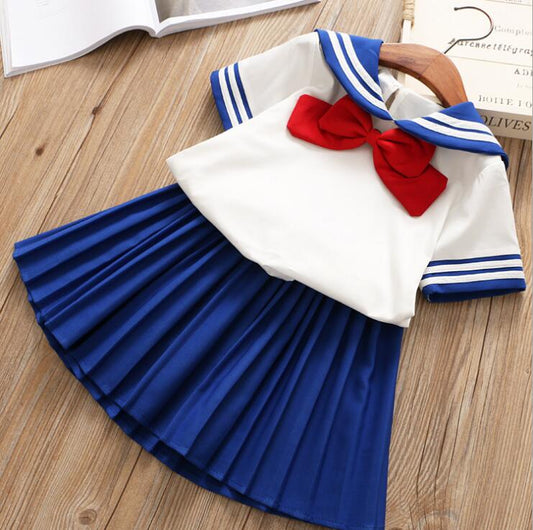 HE Hello Enjoy Baby Girl Boutique Set	Preppy Style Sailor Moon Bow Tops+Blue Pleated Skirt Suit Kids Girls Clothes Children