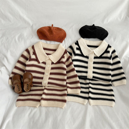 Baby Striped Pattern Lapel Knitted Cardigan or Pants