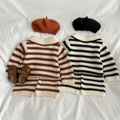 Baby Striped Pattern Lapel Knitted Cardigan or Pants