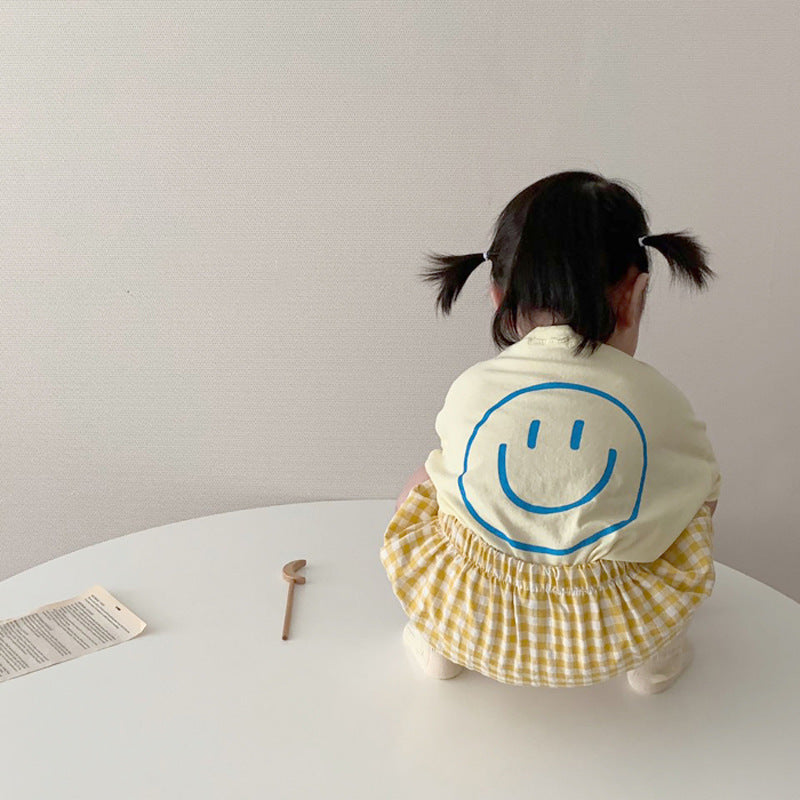 Summer Baby Kids Smiling Face Pattern T-shirt and Plaid Bloomers Clothing Set