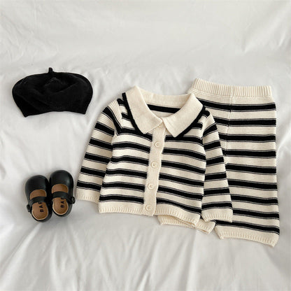 Baby Striped Pattern Lapel Knitted Cardigan or Pants