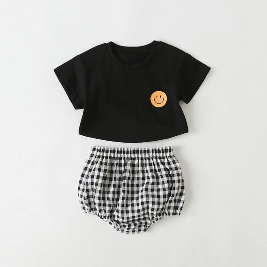 Summer Baby Kids Smiling Face Pattern T-shirt and Plaid Bloomers Clothing Set