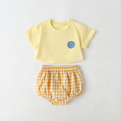 Summer Baby Kids Smiling Face Pattern T-shirt and Plaid Bloomers Clothing Set