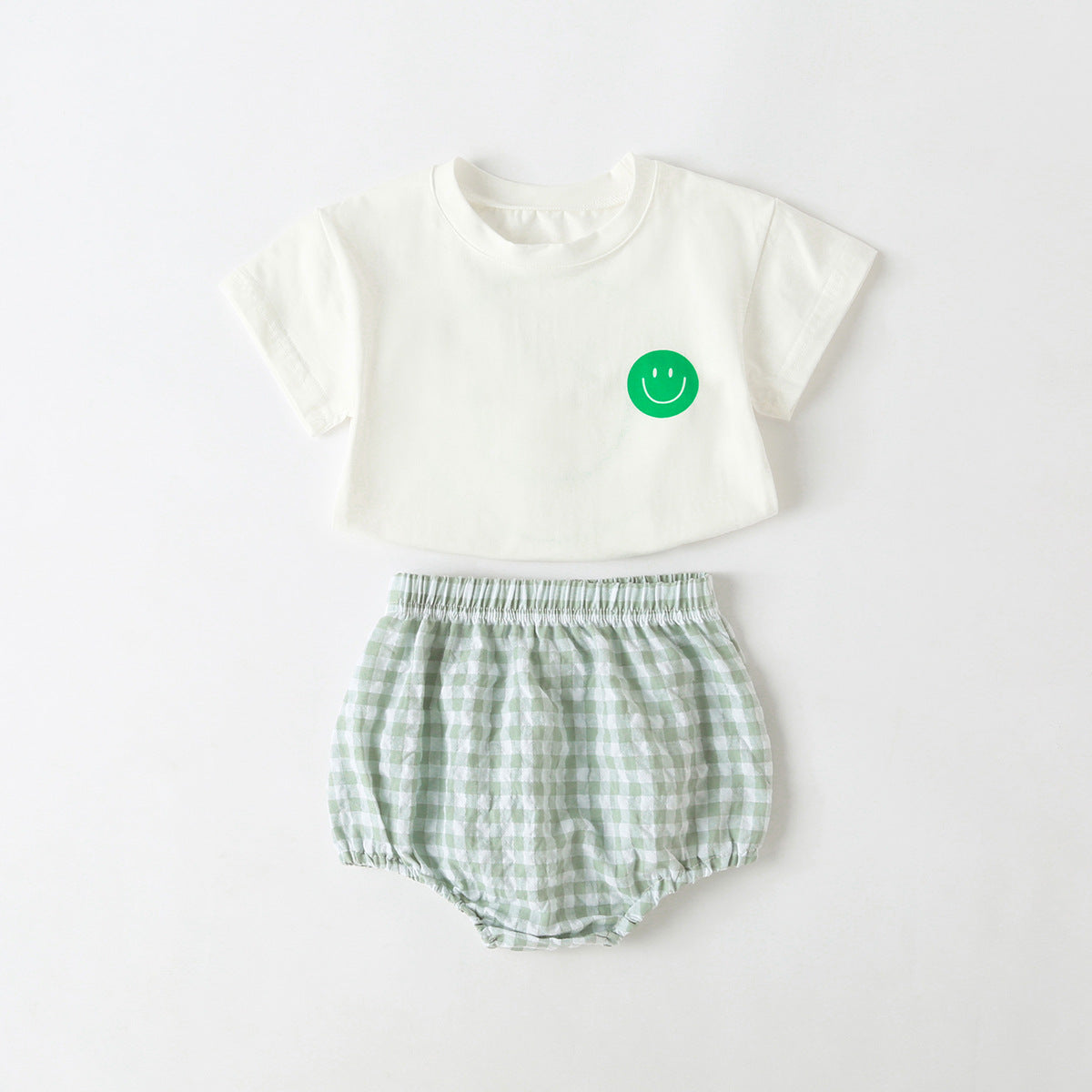 Summer Baby Kids Smiling Face Pattern T-shirt and Plaid Bloomers Clothing Set