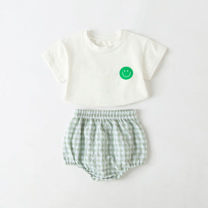 Summer Baby Kids Smiling Face Pattern T-shirt and Plaid Bloomers Clothing Set