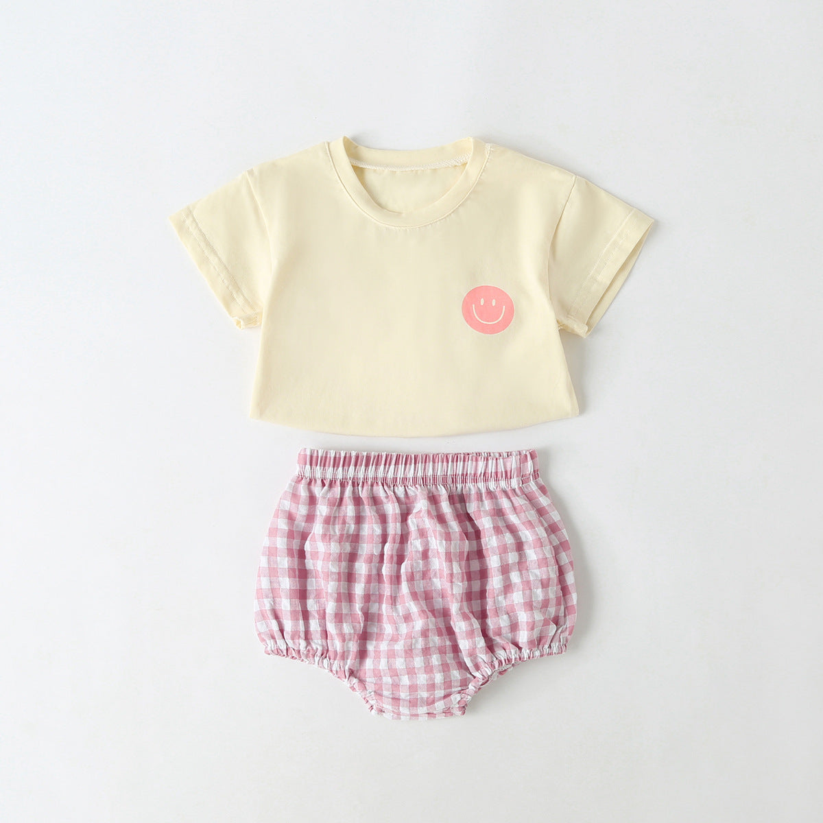 Summer Baby Kids Smiling Face Pattern T-shirt and Plaid Bloomers Clothing Set
