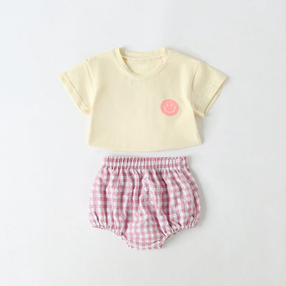 Summer Baby Kids Smiling Face Pattern T-shirt and Plaid Bloomers Clothing Set