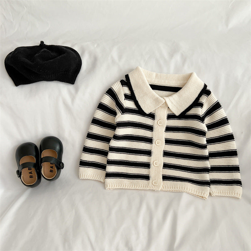 Baby Striped Pattern Lapel Knitted Cardigan or Pants