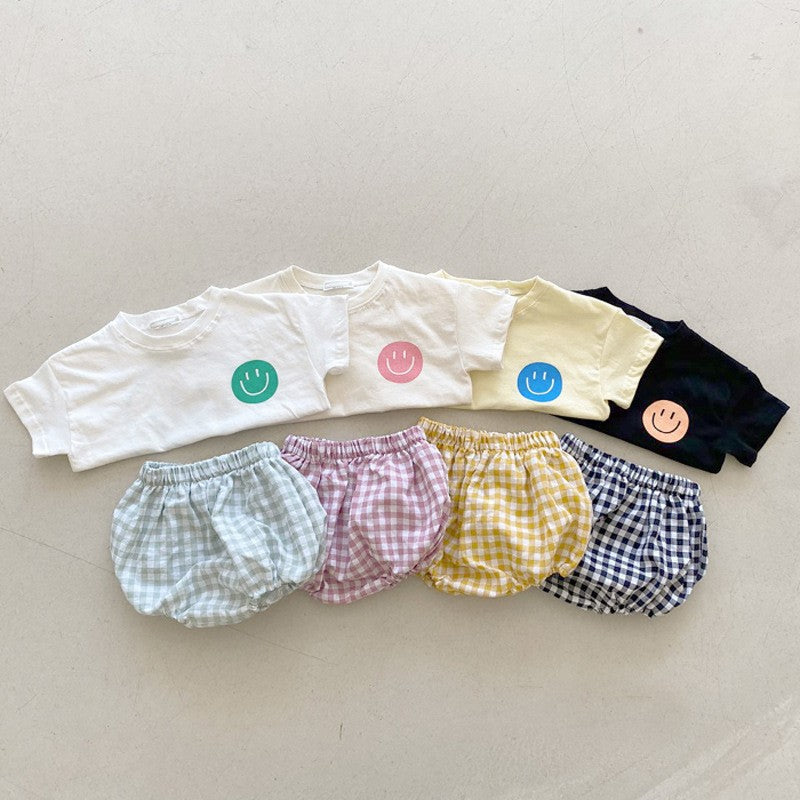 Summer Baby Kids Smiling Face Pattern T-shirt and Plaid Bloomers Clothing Set